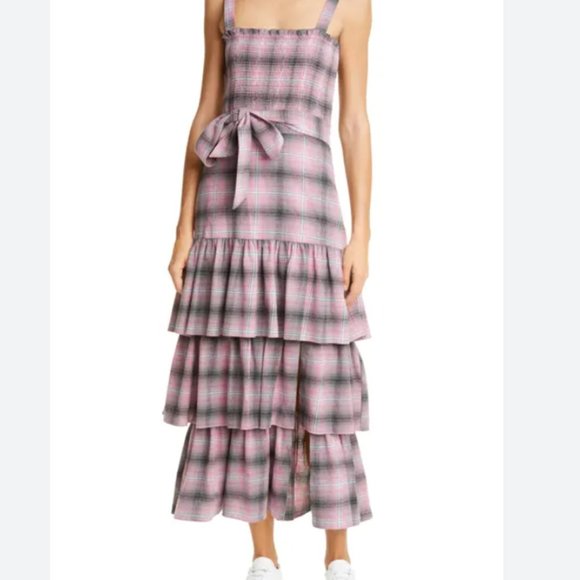 Pink Plaid Smock Bodice Drop Waist Midi / Maxi Ruffle Dress Size 0 - NWT - Picture 1 of 10